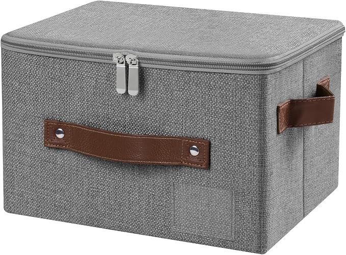 ANMINY Small Storage Box Fabric Bins with Zipper Lid, 10"x8"x7" Gray | Keepsake Box, Decorative, Cotton Linen, Reinforced PP Board Frame, Washable, Stackable & Foldable, Label Holder & PU Handles