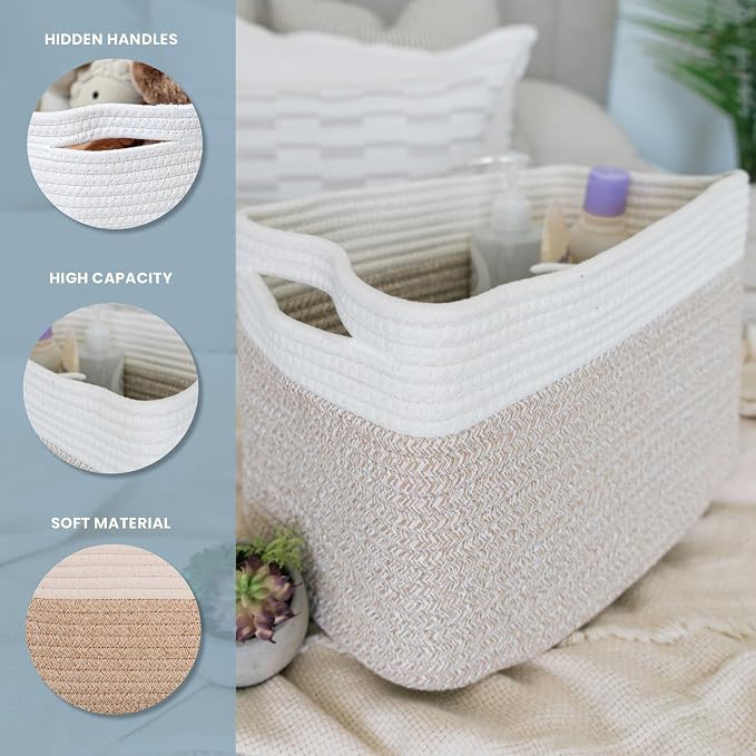OrganiHaus Cotton Rope Baskets for Shelves, Set of 3, 15x9x10 | Handwoven; a toy bin and organizer for towels, books, or blankets; fits nursery, playroom, or bedroom decor