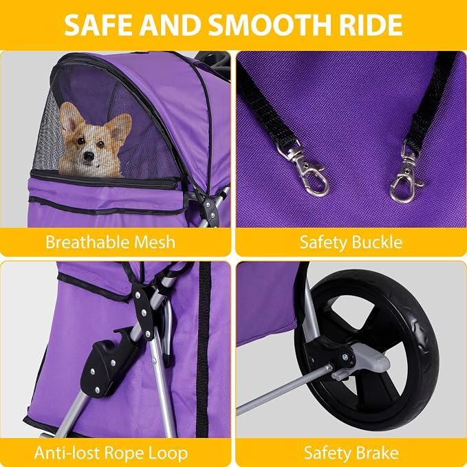 4 Wheels Dog Stroller Folding Pet Strolling Cart for Small Medium Cats Puppies Portable Jogger Travel Camping Puppy Carrier with Storage Basket Cup Holder, Purple