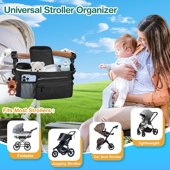 Kinembold Universal Stroller Organizer with Cup Holder Detachable Phone Bag and Shoulder Strap, Stroller Caddy Fits for Stroller Like Uppababy, Baby Jogger, Doona, Nuna, BOB, and Pet Stroller