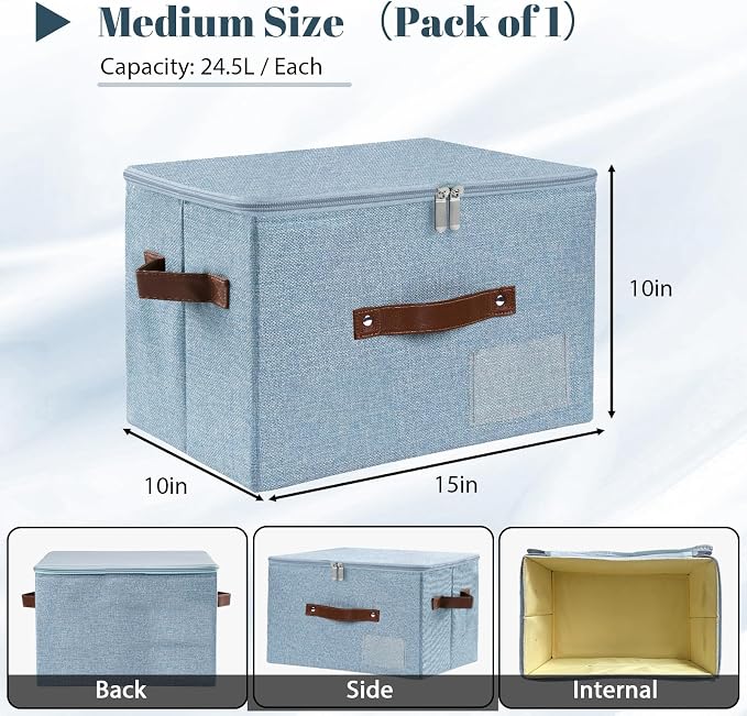 ANMINY Storage Box Fabric Bins with Zipper Lid, 15"x10"x10" Blue 3PCS | Keepsake Box, Decorative, Cotton Linen, Reinforced PP Board Frame, Washable, Stackable & Foldable, Label Holder & PU Handles