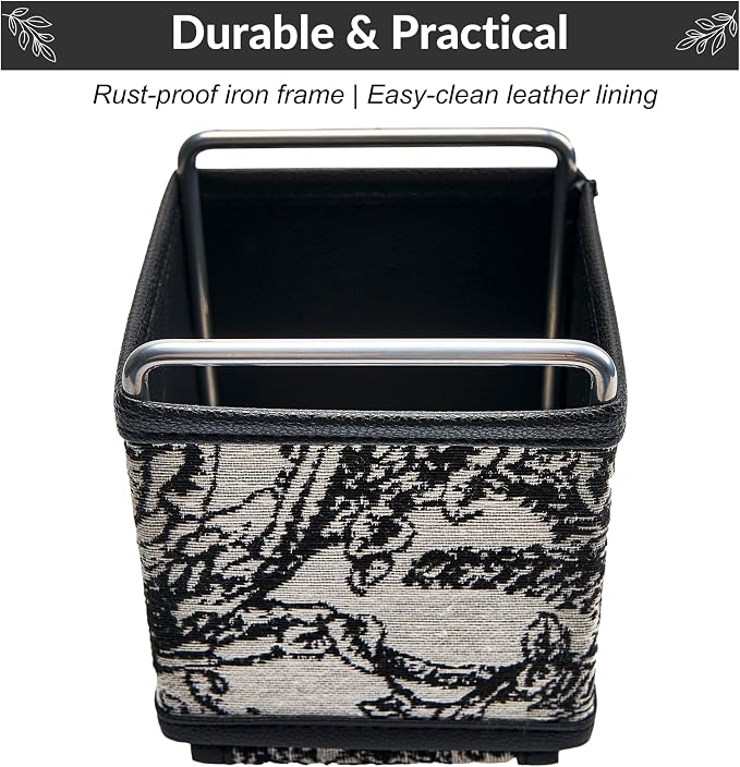 Leather Remote Control Holder - TV Remote Organizer Bedside Tapestry Caddy | No-assembly sturdy remote organizer in textured tapestry jacquard & leather. Randomly cut jungle pattern (no two are alike).
