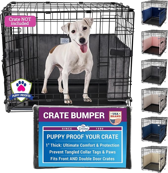 Pet Dreams Dog Crate Bumper - Patented Comfy Liner & Dog Tail Protector for Inside Crate, Fits iCrate Cages 18, 24, 30, 36, 42, 48 Inches (Grey, X-Small, 18")