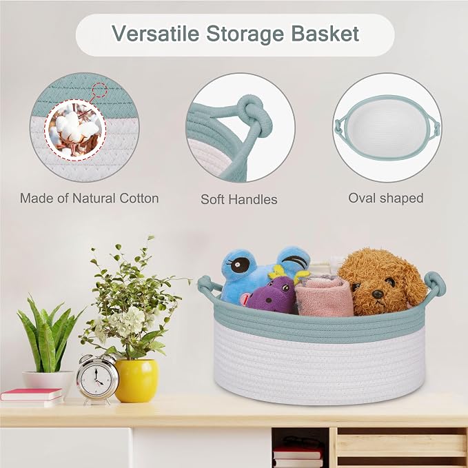 COMSE Small Gift Basket Empty with Bag & Ribbons, Light Green & White | Cotton Rope, 12"x 8"x 5", Pet Toy Storage Organizer, Woven Basket for Birthdays, Baby Showers, Mother’s Day, Valentine’s Day