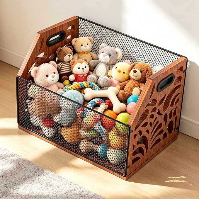 Wooden Mesh Dog Toy Storage Bin with Handles for Pet Supply & Toys | Large capacity holds plush toys, balls, leashes & treats. Clear scattered clutter effortlessly and keep your home tidy.