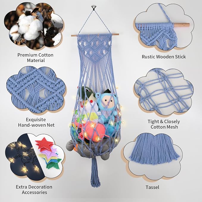 63 Inch Stuffed Animal Storage Hammock Corner, Stuffy Plushie Net,Blue | Wall Ceiling Over Door Hanging Toy Hammock for Stuffed Animals,Plushies Organizer w/ Star Lights,Nursery Kid Room Decor Gift