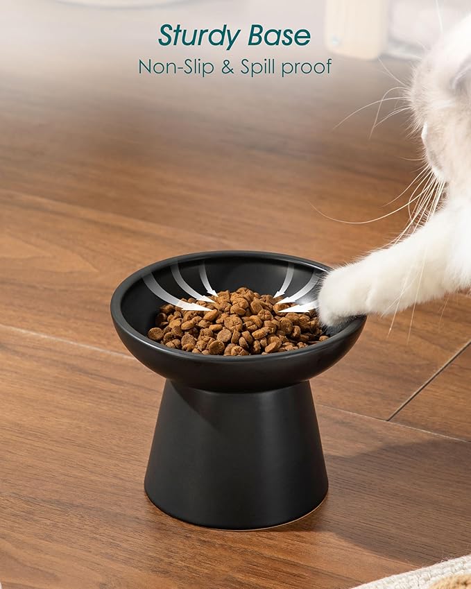 vancasso Elevated Cat Food Bowls 2-Pack, 6.2" Wide Shallow Cat Feeding Bowl for Whisker Fatigue, 5.1" Height Ceramic Raised Food Bowls for Senior Cats, Anti Vomit, Black