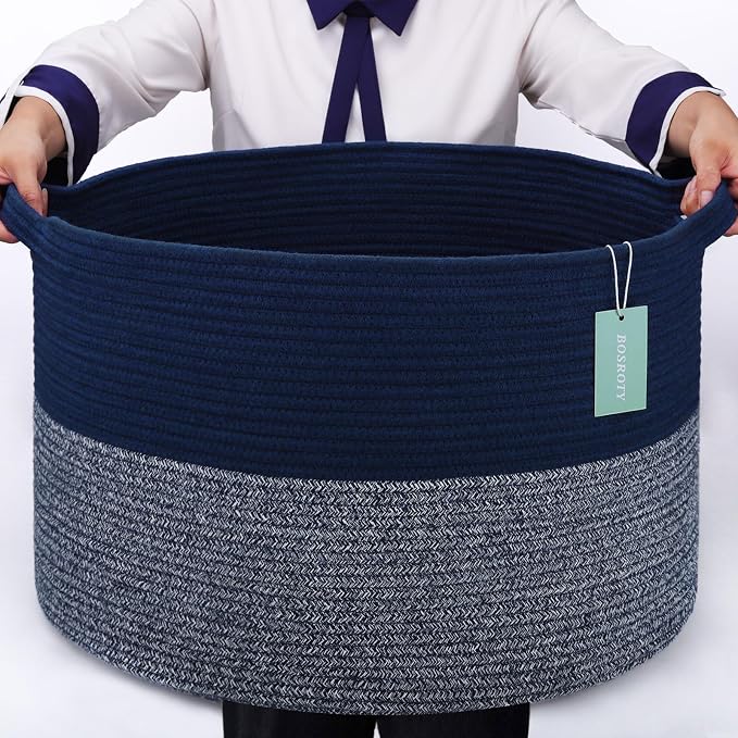 Large Cotton Rope Blanket Basket, 87L Laundry Hamper, Navy Blue