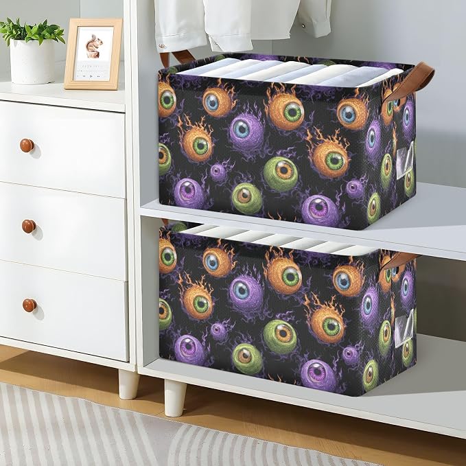 Funny Purple Green Orange Eyeball Storage Basket Foldable Cube Storage Bins with Handles&Label Waterproof Collapsible Organizer Box Bin Large Rectangle Decorative Baskets for Shelves Home Room Laundry