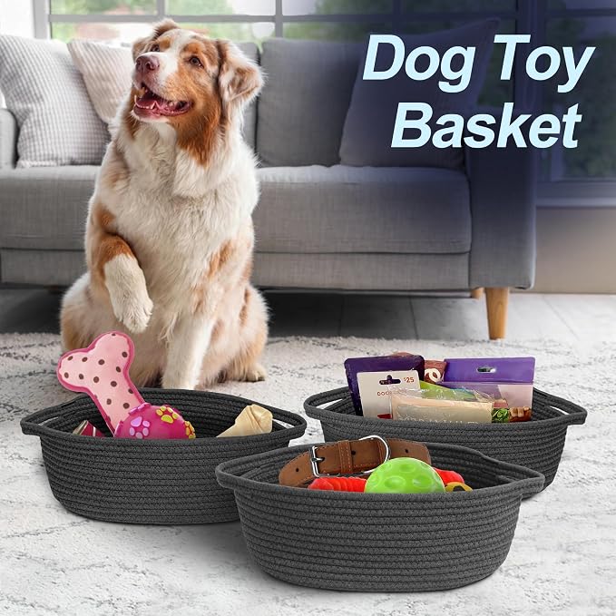 Small Rope Basket, Baskets for Gifts Empty, Cute Woven Basket for Dog Toy, Cat Toy Bin Box, Wicker Organizing Basket for Book, Baby Diaper, Towels, Snack, 13” x 9” x 5”, Dark Gray
