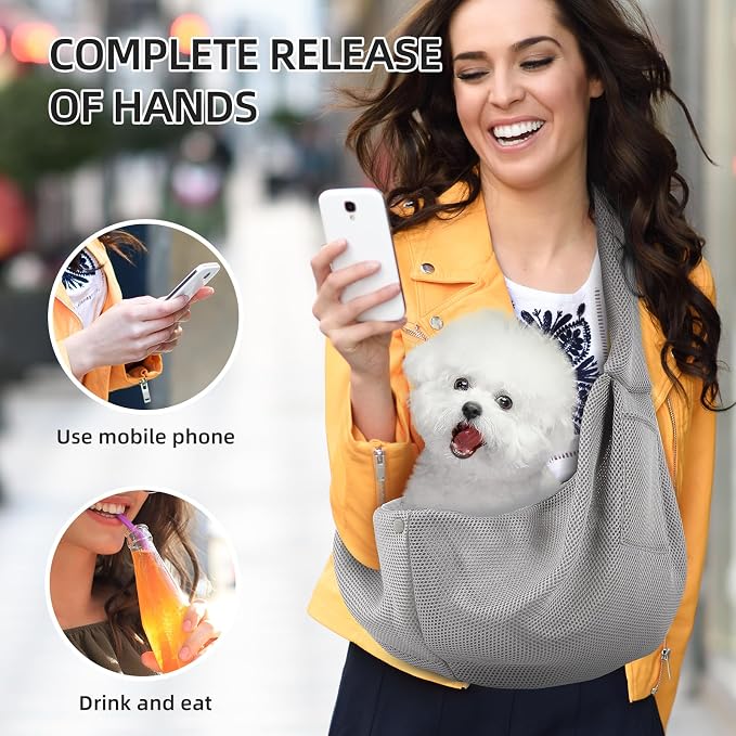 Dog and Cats Carrier Sling, Breathable Puppy Small Pet Carrier with Pocke | Reversible Dog Sling Carrier, Safety Buckle, Storage Pocket, Machine Washable for Travel, Outdoor Activities, Hand-Free, Gray