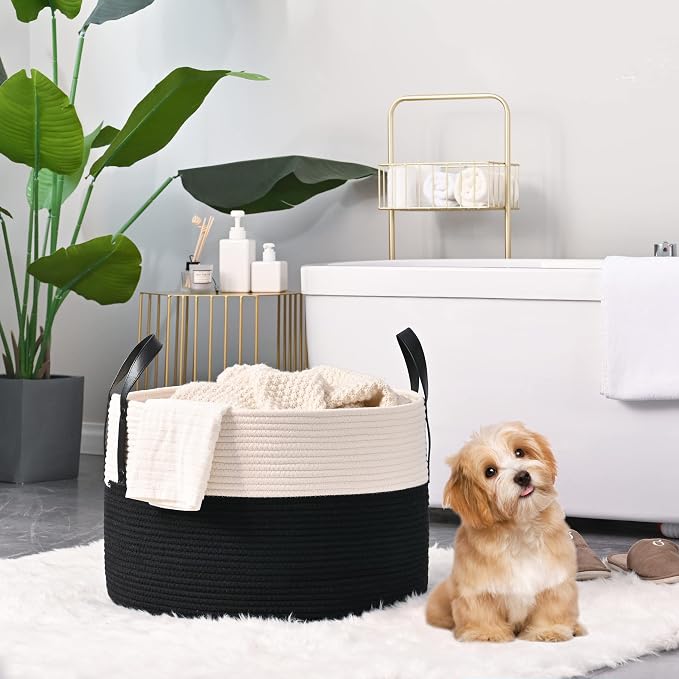 KAKAMAY Large Blanket Basket (20"x13"),Woven Baskets for storage Baby Laundry Hamper, Cotton Rope Blanket Basket for Living Room, Laundry, Nursery, Pillows, Baby Toy chest (White/Black) | Extra Large Capacity | Natural Cotton Rope | Blanket Storage | W...