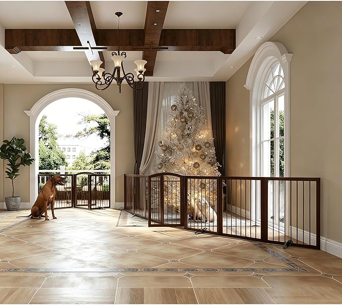 JSB 192-inch Extra Wide 30-inch Tall Dog gate with Door Walk Through,Full Matel Freestanding Round Tube Pet Gate for Halls Stairs, Puppy Safety Dog Fence with 4PCS Support Feet (Round Tube Espresso)