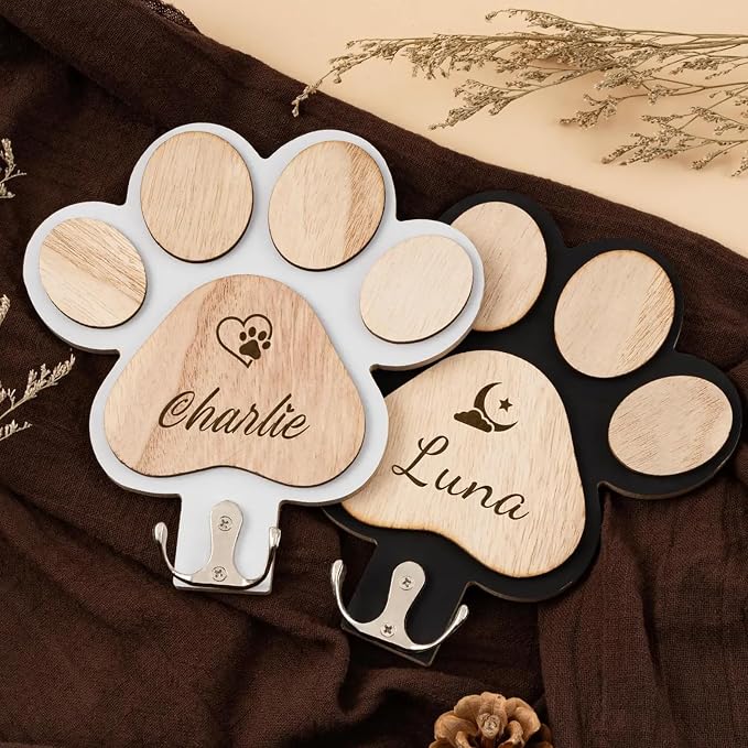 Custom Dog Paw Leash Holder, Personalized Pet Collar Hook, Engraved Paw Print Wall Hanger, Dog Leash Rack Organizer, Pet Lover Gift