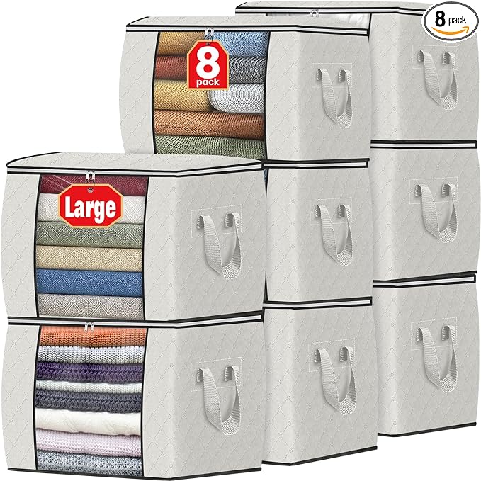 90L Clothes Storage, Foldable Thick Fabric Blanket Storage Bags | Foldable Containers with Zippers,Window and Handles for Organizing Bedroom, Closet, Comforter, Bedding,Dorm essentials