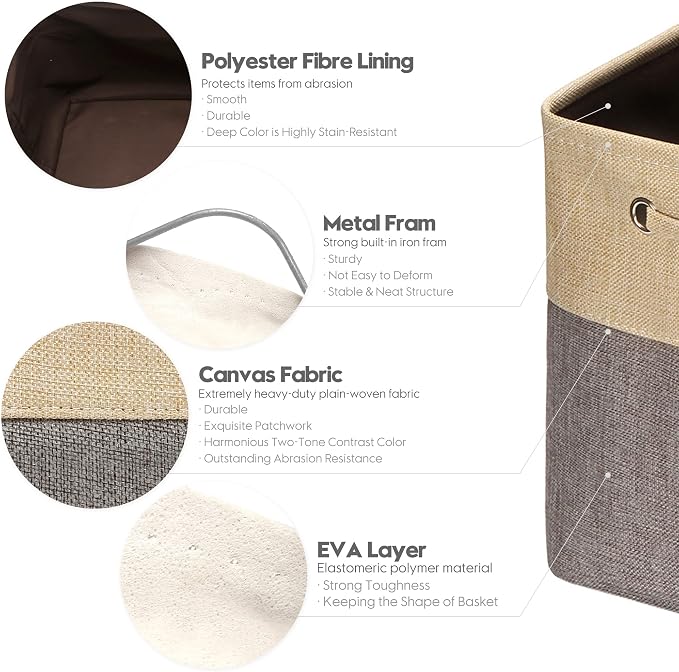 Sea Team Oversized Rectangle Canvas Open-Top Storage Baskets, 3-Pack | Collapsible Fabric Storage Bins with Handles, Closet Shelf Organizers, 22 x 15 x 13 Inches, Gray & Beige