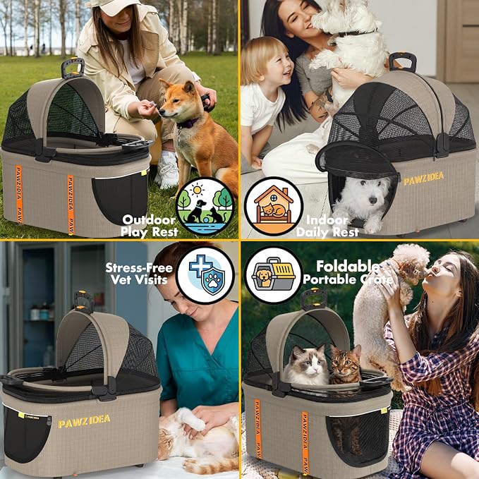 PAWZIDEA Pet Stroller 4-in-1, Foldable Dog Stroller with Detachable Carrier | Escape-Proof No-Zip Canopy, Portable Travel Crate & Car Seat Combo, for Small to Medium Dogs & Cats up 33 lbs, Storage Basket