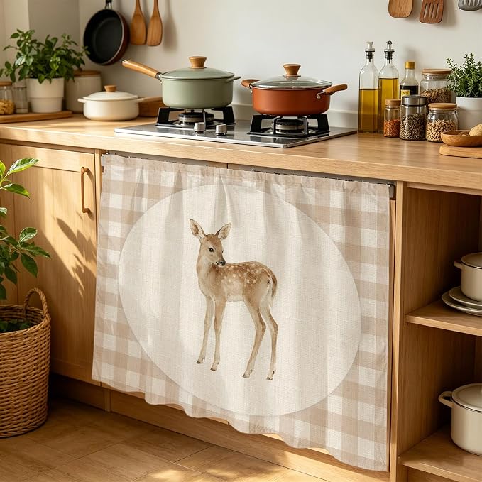 Resting Fawn Cabinet Dishwasher Hidden Curtains, Privacy Closet Door Curtain, Retro Natural Animals Farmhouse Plaid Adhesive Dust Proof Under Sink Skirt for Bathroom Kitchen 35"x35"