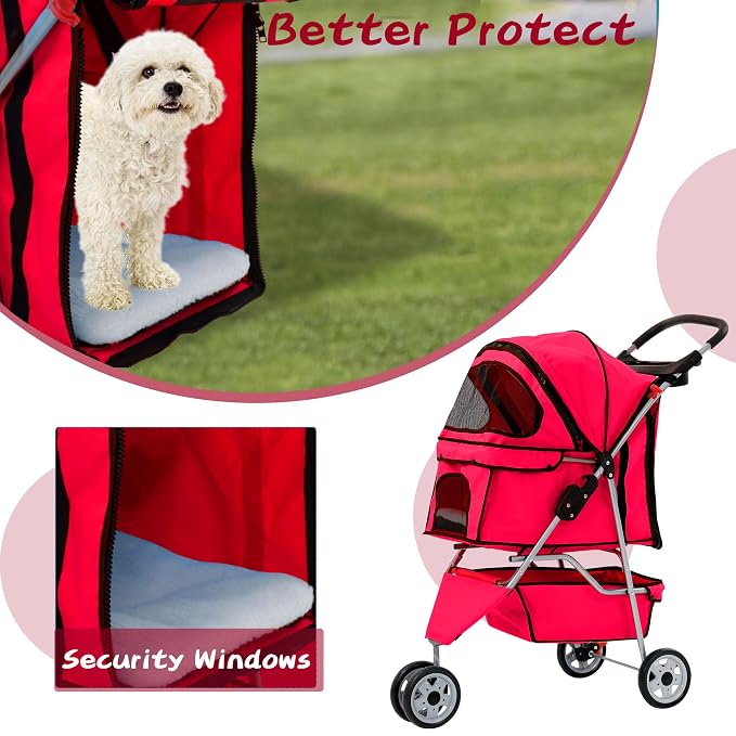 Dog Stroller with Storage Basket,3 Wheels Pet Stroller,Breathable Compact Portable Folding Carrier for Travel,Camping,Dog Carrier for Small Medium Dogs Or Cats,Lightweight Waterproof Pet Stroller,Red