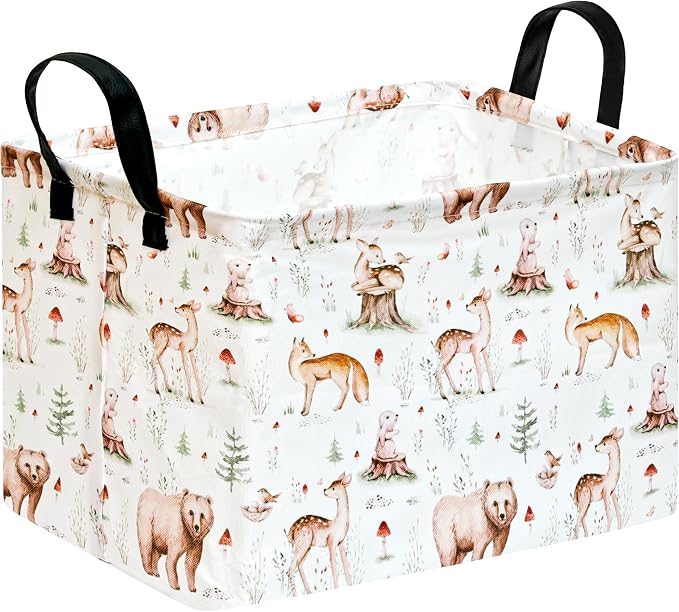 MAIZMZ Kids Storage Basket,Jungle Animals Print,Waterproof Lining, Leather Handles, Collapsible for Kids Toys, Nursery, Baby Gift Basket