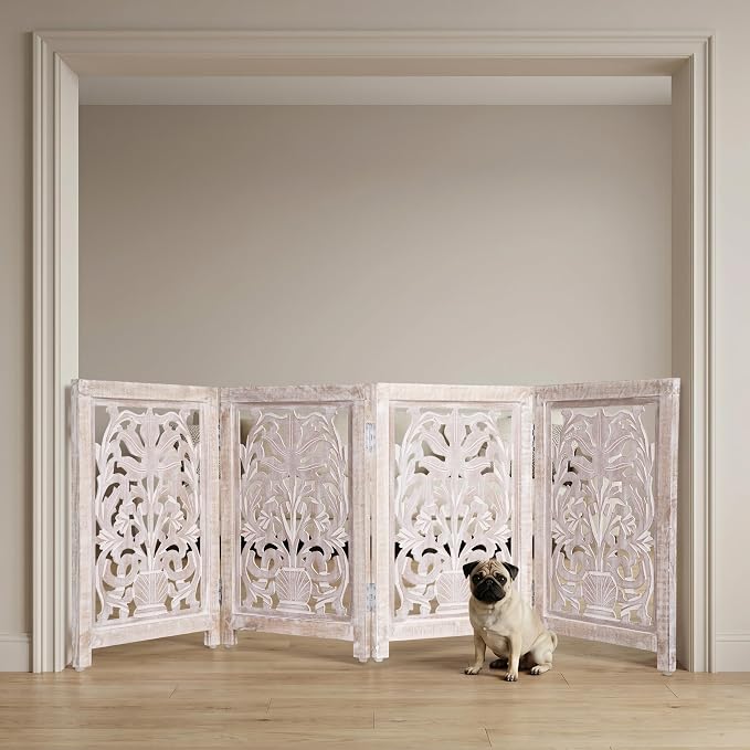 Lightnpro 4-Panel Carved Wooden Dog Gate with Stopper – 72 Inch Extra-Wide Foldable Freestanding Pet Barrier, White Wash Indoor Safety Fence for Small Dogs & Puppies – 24x18 Inch Panels