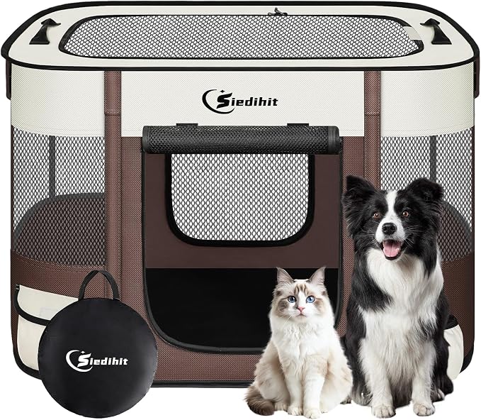 Siedihit 31" Dog Playpen,Cat Puppy Pen, Pet Portable Crate Indoor Outdoor | Durable Travel Camping Use,Foldable Dog Kennel Tent Cage for Rabbit Small Animals with Carrying Case(Brown, Medium)