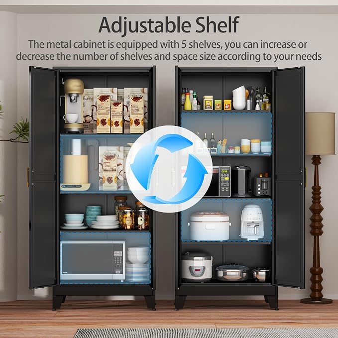 Black Metal Storage Cabinet,75" Steel Cabinets for Home Office | Kitchen Pantry Storage Cabinet with Doors and 5 Adjustable Shelves, Tool Cabinets, for Office, Home, Garage, School