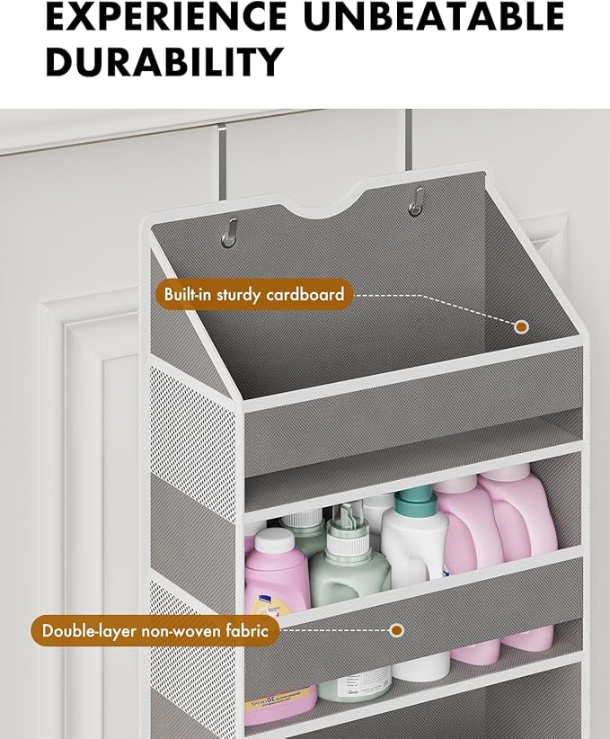 Over The Door Organizer, 6-Shelf Hanging Door Storage for Bathroom | 50lb Load Grey Behind the Door Organizer for Bathroom Closet Nursery Pantry Bedroom Laundry Dorm Small Room