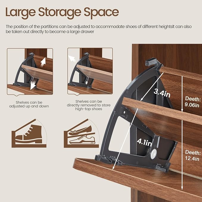 FurSch Fluted Shoe Storage Cabinet with 3 Flip Drawers, Narrow Shoe Rack Cabinet Organizer with Adjustable & Removable Shelves for Entryway (All Walnut, 3 Drawers)