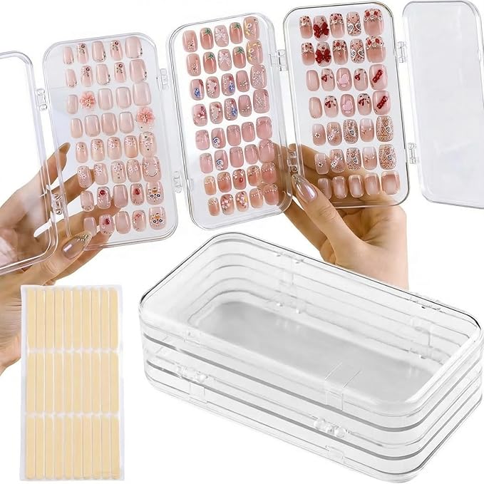 Inmorven Press On Nail Storage Box, Tri-Fold Transparent PET Nail Organizer Case with 30pcs Double-Sided Adhesive Tape, Portable 3-Layer Fake Nails Display Holder for Travel & Home