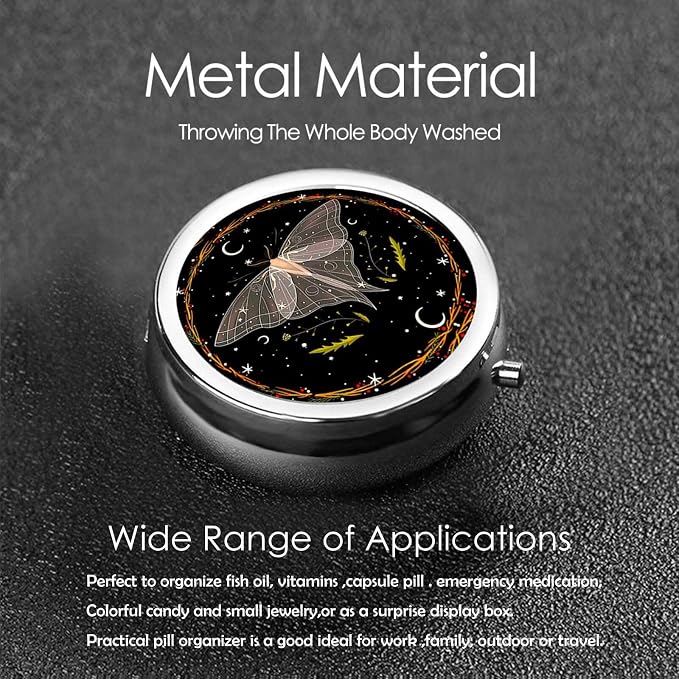Pill Box, Small Pill Organizer with 3 Compartments and Mirror, Cute Round Portable Travel Metal Pill Case for Pocket or Purse, Privacy-Protecting Medicine Box-Blackmoth