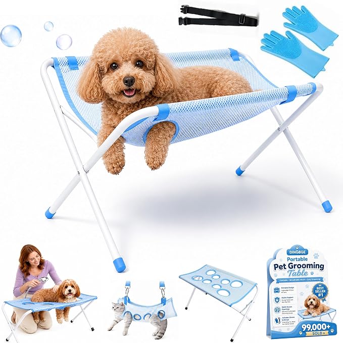 2-in-1 Foldable Pet Grooming Bed Portable Pet Hammock for Dogs and Cats | Eight Hole Quick Dry Mesh Iron Frame Stable Support up to 10kg for Bathing Nail Care and Cleaning(Blue)
