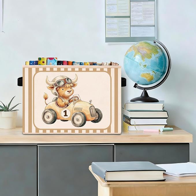 Race Car Highland Cow Beige Stripe Foldable Fabric Storage Bin | Highland cow race car and beige stripe design; collapsible bin for toys, books, clothes in kids room, nursery or playroom.