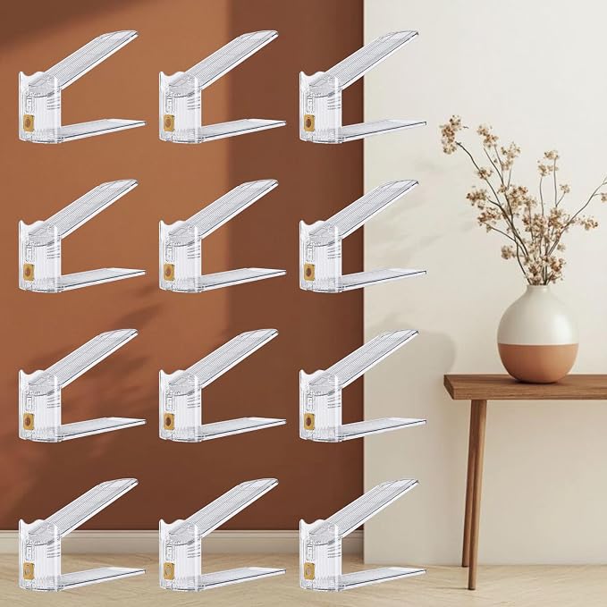 12-Pack Adjustable Shoe Slots Organizer for Closet, Gold | 12 PET shoe stackers with gold accents organize up to 12 pairs; 3 adjustable height levels for sneakers, heels, and flats.