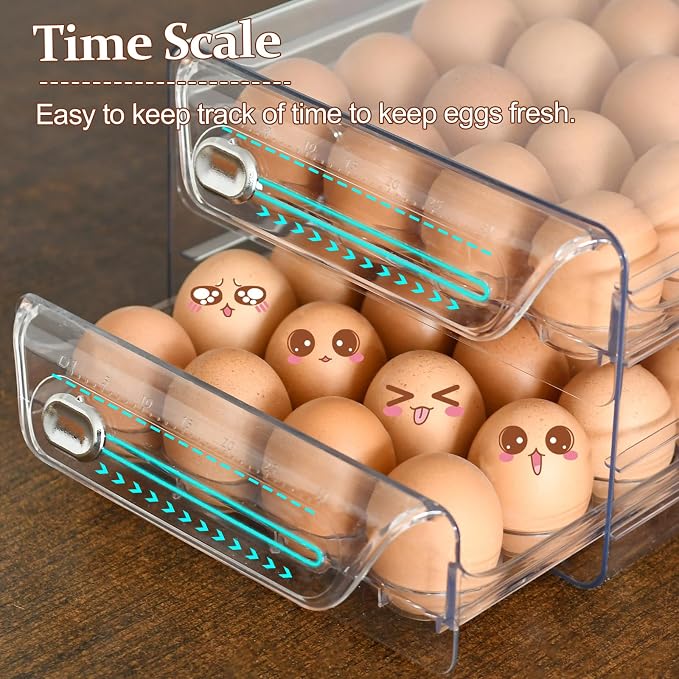 2 Tier Egg Holder for Refrigerator, 40 Eggs Clear Drawer Organizer | Clear Stackable Holder Tray with Drawer for Fridge, Storage Container with Handles for Refrigerator, Countertop, Kitchen
