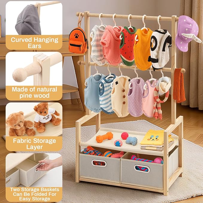 Teenyyou Dog Wardrobe Closet for Small Dogs, 37.4 x 19.7 x 11.8 in Wooden Dog Clothes Rack with 2 Hanging Rods, 2 Storage Baskets and Shelf, Pet Closet Organizer for Clothes, Toys, Leashes, Wood Color