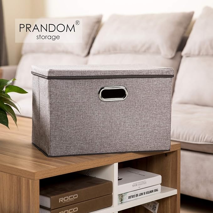 Large Foldable Storage Bin with Lid [1-Pack] Linen Fabric Decorative Storage Box Organizer Containers Basket Cube with Handles Divider for Bedroom Closet Office Living Room (17.7x11.8x11.8)