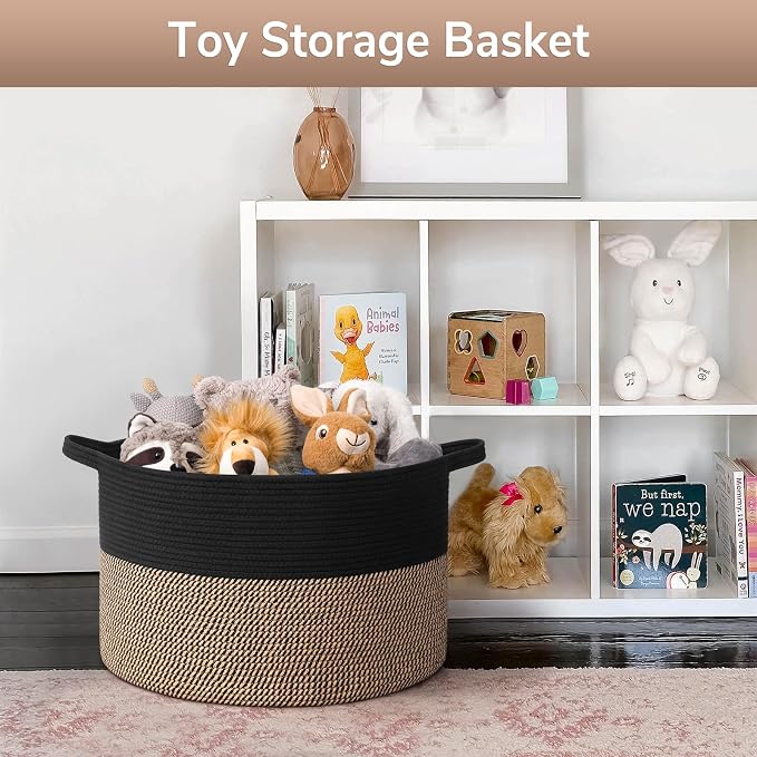 Goodpick 65L Large Cotton Rope Kids Toy Storage Basket for Playroom | 19.7 x 19.7 x 12.6 In Woven Basket for Storage, Kids Toy Storage for Playroom, Laundry Basket for Towels, Black & Mix Jute