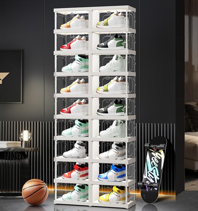CIMLORD 9-Tier Foldable Shoe Rack Organizer, Magnetic Doors,18 Pairs,White | Collapsible Plastic Shoe Cabinet, 4-Sided Clear Doors, Stackable, Fits High Shoes&Sneakers, Easy Assembly, Closet, Cloakroom