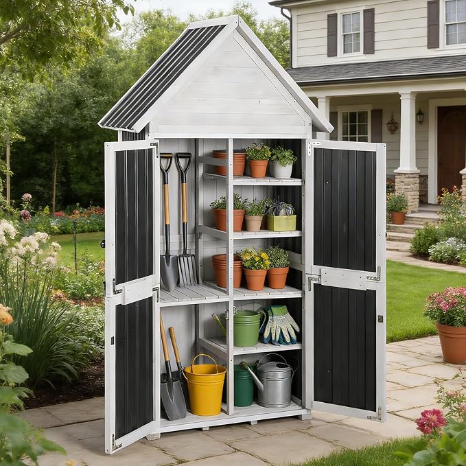 GUTINNEEN Outdoor Storage Shed with All Around Strong Metal Frame, Wooden Tool House with Floor & Adjustable Shelves, Garden Tool Sheds Cabinet for Backyard Garden Patio Lawn 67.1" H (Black＆White)