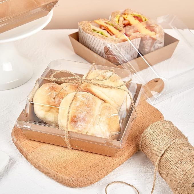 ZORRITA 100 Pack 5 Inch Paper Charcuterie Boxes with Clear Lids, Brown | Small, Square, To Go Food Containers, Bakery Boxes, For Mini Cake, Desserts, Cookies, Sandwiches, Strawberries