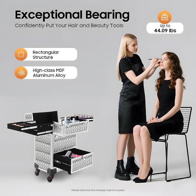 Rolling Makeup Train Case with 7 Compartments & Drawer, Large Storage Professional Aluminum Alloy Mobile Organizer on Wheels for Hairstylists, Makeup Artists, Pet Groomers (silvery)