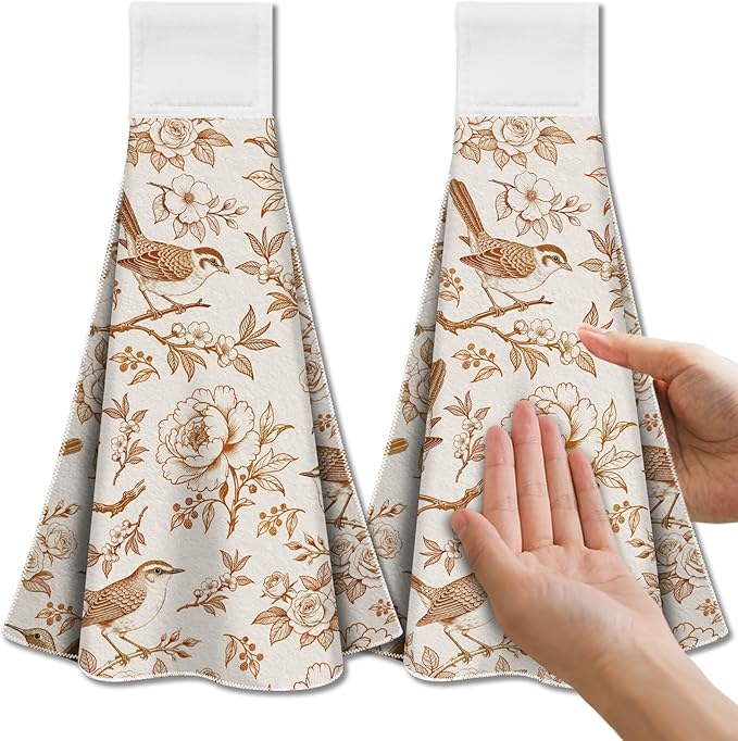 CUTHOLLOW Orange Flower and Bird Hanging Kitchen Towels with Loop, Set of 2 - Soft & Super Absorbent Microfiber Decorative Hanging Dish & Hand Towel, Tea Coffee Towel for Kitchen Bathroom Oven Handle
