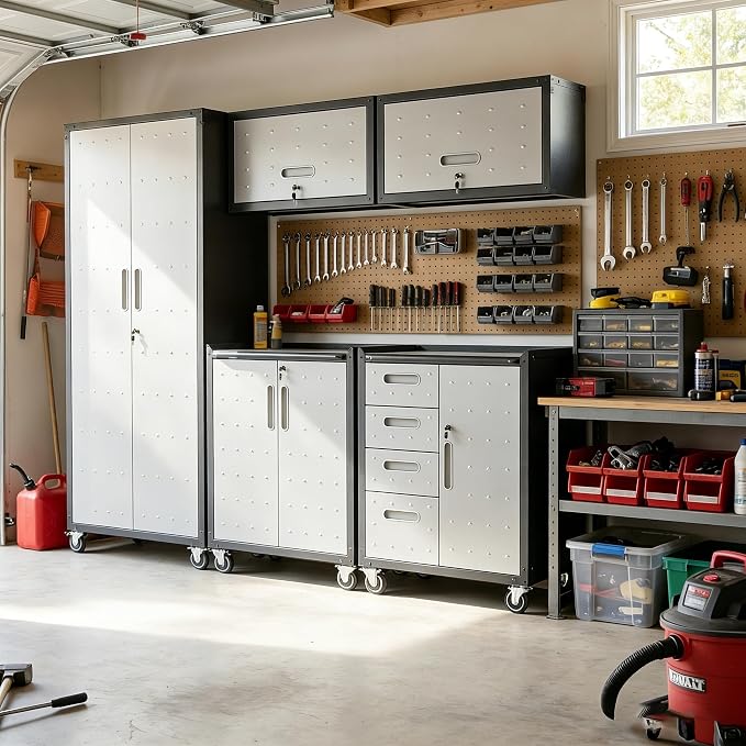Garage Cabinet System | Heavy Duty Steel All-in-One Modular Garage Cabinet Set for Ultimate Workshop Organization | Easy Assembly Garage Storage Cabinets & Tool Bench
