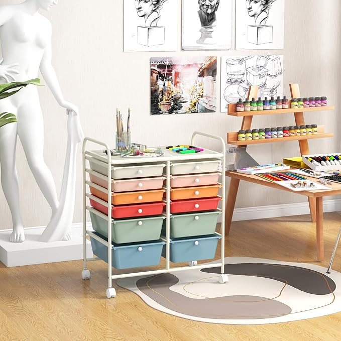 12 Drawer Rolling Storage Cart, Art Cart Organizer on Wheels, Mobile Utility Cart with Drawers, Multipurpose Craft Drawers for Home Office School Classroom (Macaron)