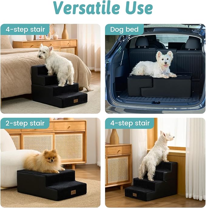 COZY KISS Dog Stairs for Small Dogs, 4 Step Pet Stairs for Beds & Couches | 17.7" H Extra Wider Non-Slip Dog Steps with Removable Tiers & Support Board for Puppies, Older Cats & Dogs, Black