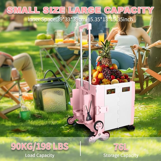 76L Folding Utility Cart Portable Rolling Crate Handcart Shopping Collapsible Tool Box with Stair Climbing Wheels,Hidden Lid,2 Rotate Wheels,for Grocery,Shopping,Office,Storage(Pink-White)