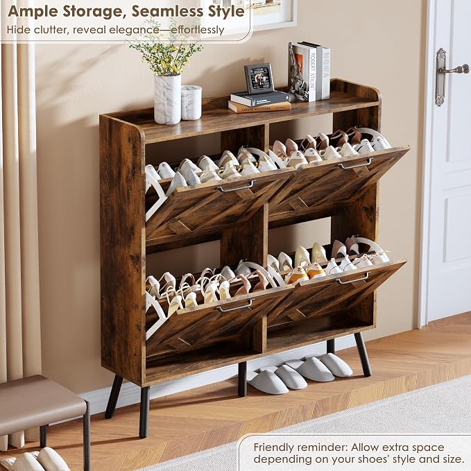 Shoe Cabinet Storage for Entryway, Freestanding Shoe Storage Cabinet, Farmhouse Narrow Shoe Rack Cabinet for Entryway, Foyer, Hallway, Shoe Cabinet 4 Flip Drawers