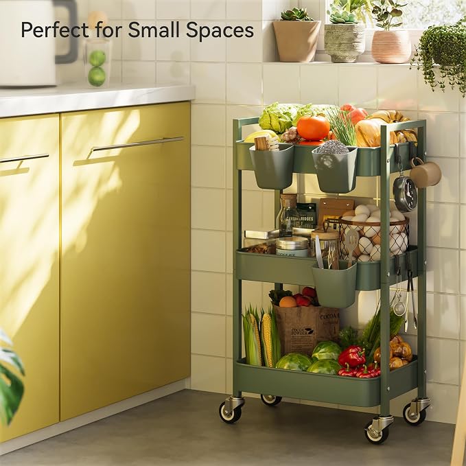 Nunsino 3 Tier Rolling Cart,Utility Cart with Locking Wheels, Hanging Cups,&Hooks, Heavy Duty Metal Storage Organizer Cart for Kitchen,Office, Bathroom,Craft Room,Green