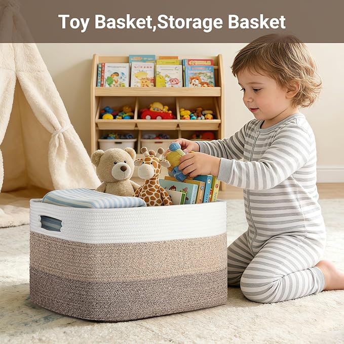 75L Laundry Basket Hamper,Gradient Brown/White, 22"x17"x12" | Cotton Rope Blanket Basket,Rectangle Woven Storage Basket for Living Room,Large Shelf Basket for Shoes,Toys, Clothes, Pillows